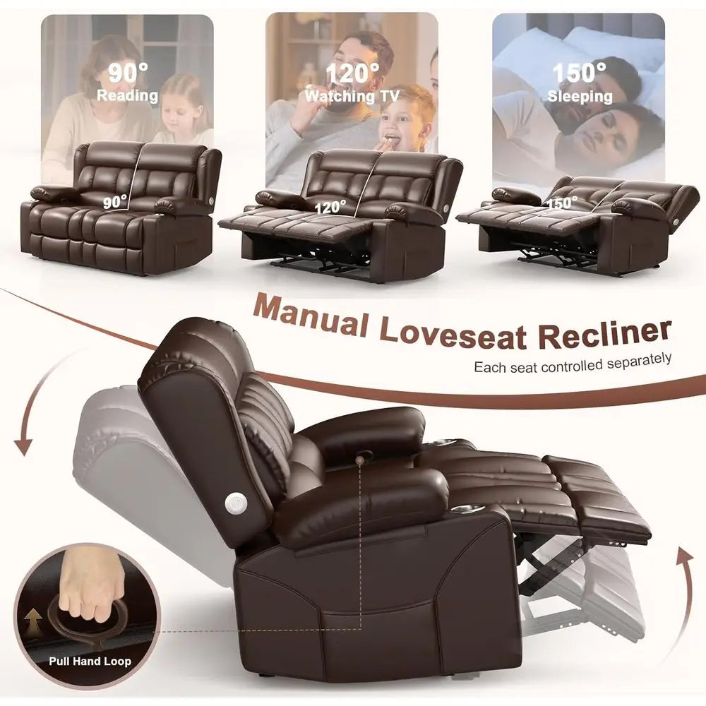 Home Theater Reclining Loveseat with USB, Cup Holders, Storage Pockets, Brown