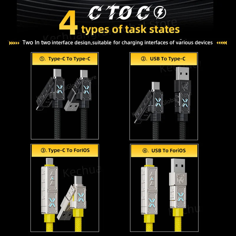 Transformers PD 240W Metal Nylon USB Charger Cable for iPhone 16 15 14 13 Pro Max 5A Fast Charging Data Cord 2M Braided Wire RGB
