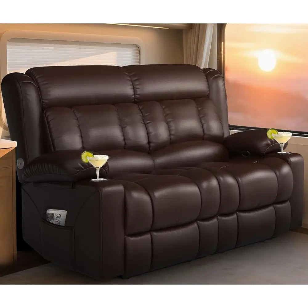 Home Theater Reclining Loveseat with USB, Cup Holders, Storage Pockets, Brown