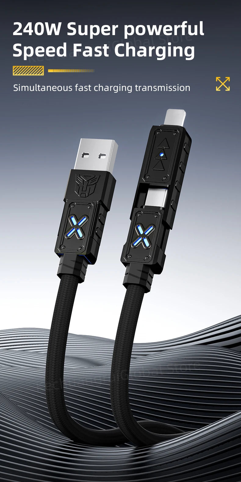 Transformers PD 240W Metal Nylon USB Charger Cable for iPhone 16 15 14 13 Pro Max 5A Fast Charging Data Cord 2M Braided Wire RGB