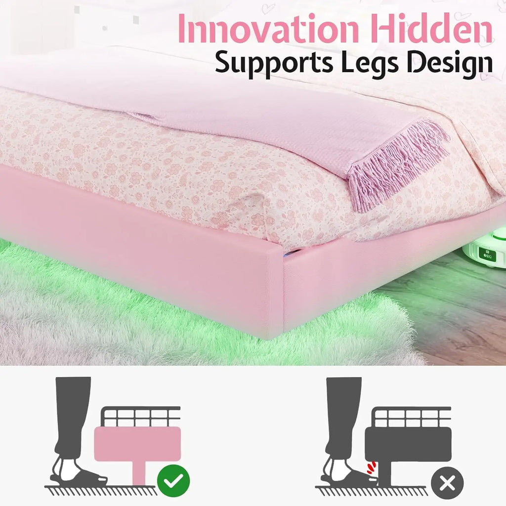 Floating Full Bed Frame with Adjustable RGB LED Headboard, Leather Upholstered Platform Bed, Customized