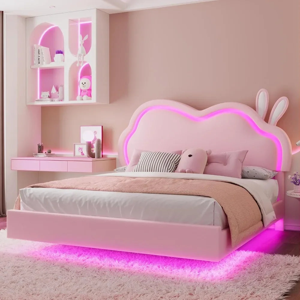 Floating Full Bed Frame with Adjustable RGB LED Headboard, Leather Upholstered Platform Bed, Customized