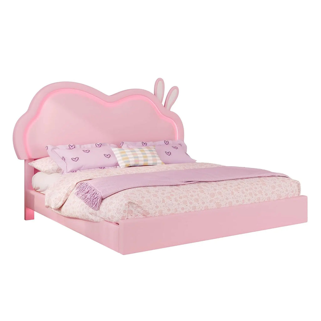 Floating Full Bed Frame with Adjustable RGB LED Headboard, Leather Upholstered Platform Bed, Customized