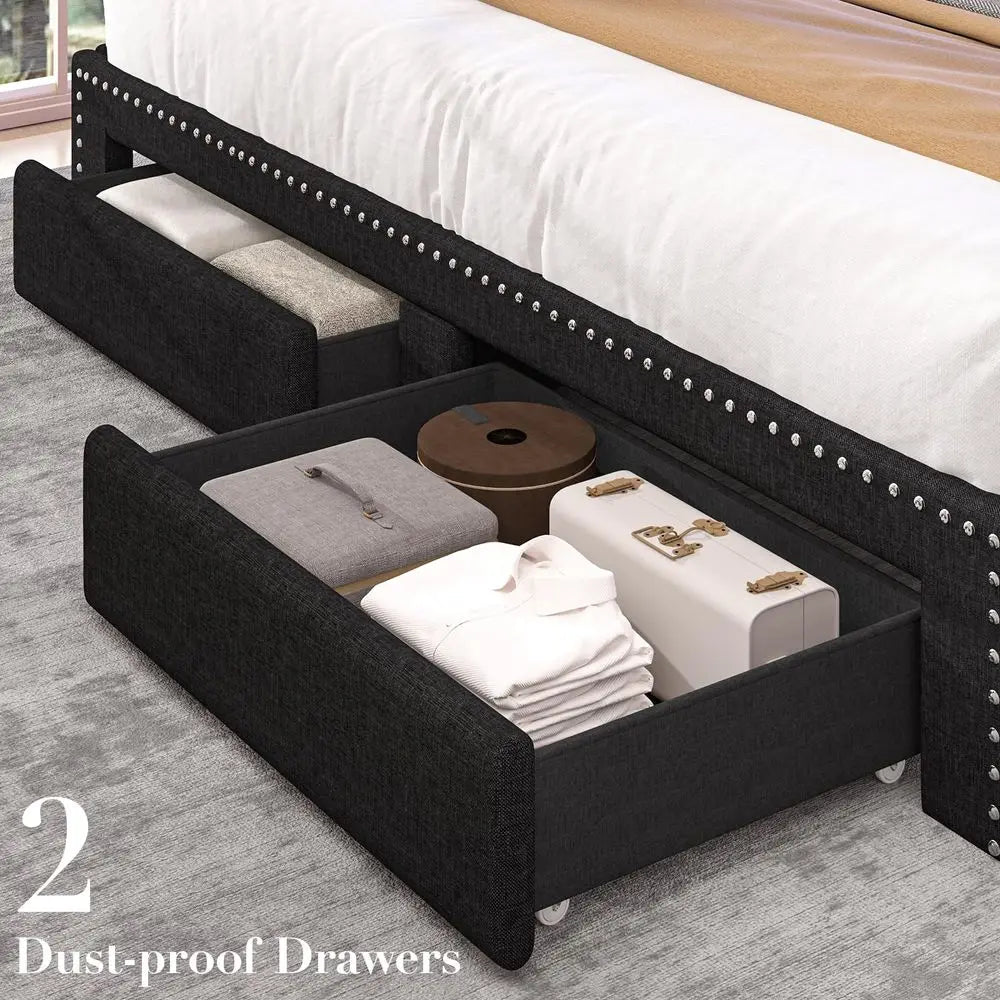 Size Bed Frame, Linen Storage Headboard with LED Light amp Charging Station, Upholstered Platform Bed with 2 Storage Drawers, S
