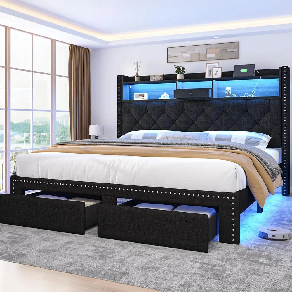 Size Bed Frame, Linen Storage Headboard with LED Light amp Charging Station, Upholstered Platform Bed with 2 Storage Drawers, S