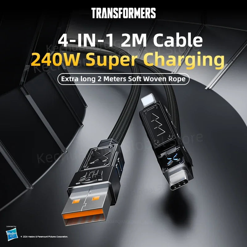 Transformers PD 240W Metal Nylon USB Charger Cable for iPhone 16 15 14 13 Pro Max 5A Fast Charging Data Cord 2M Braided Wire RGB