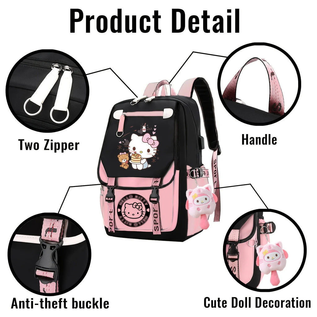 Kuromi Cartoon Backpack Hello Kitty Large Capacity Cute Laptop Travel Bag Shoulder Handbag for Student