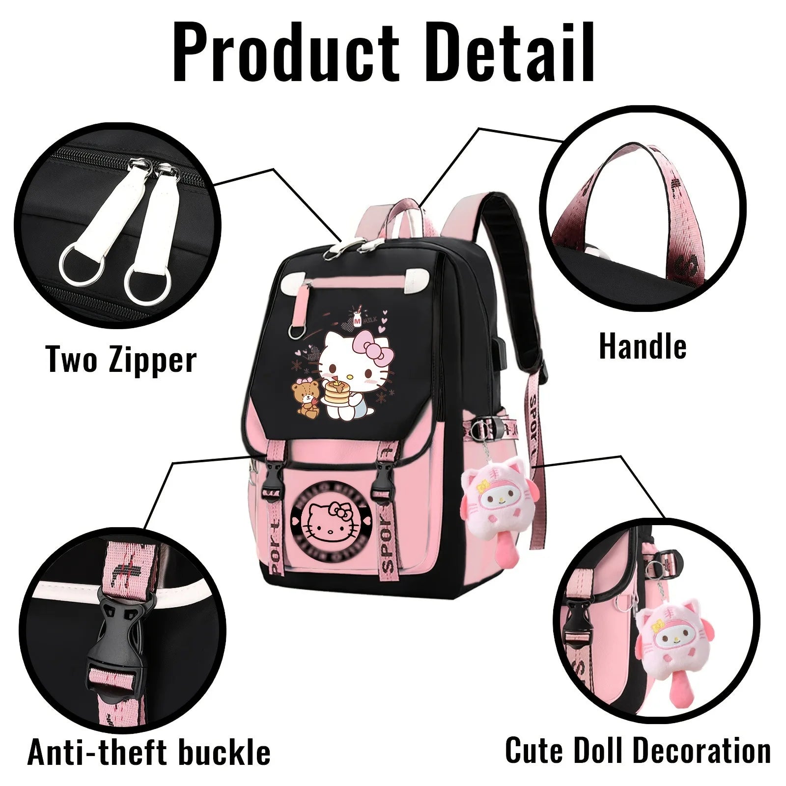 Kuromi Cartoon Backpack Hello Kitty Large Capacity Cute Laptop Travel Bag Shoulder Handbag for Student
