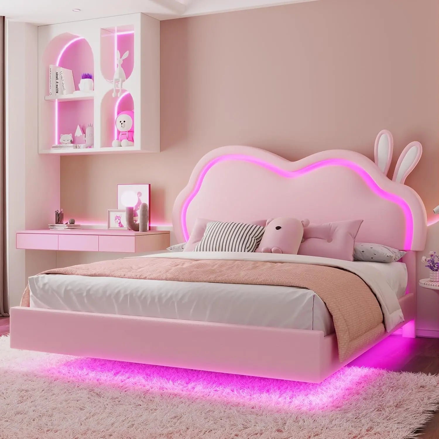 Floating Full Bed Frame with Adjustable RGB LED Headboard, Leather Upholstered Platform Bed, Customized