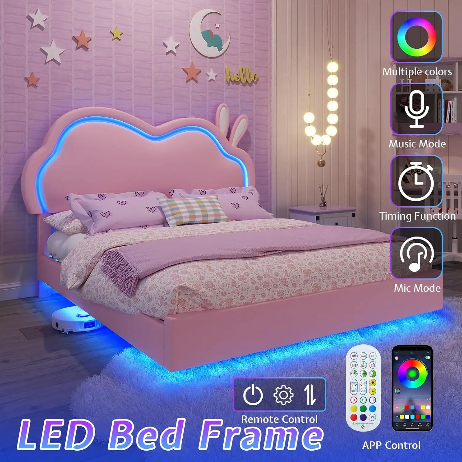 Floating Full Bed Frame with Adjustable RGB LED Headboard, Leather Upholstered Platform Bed, Customized