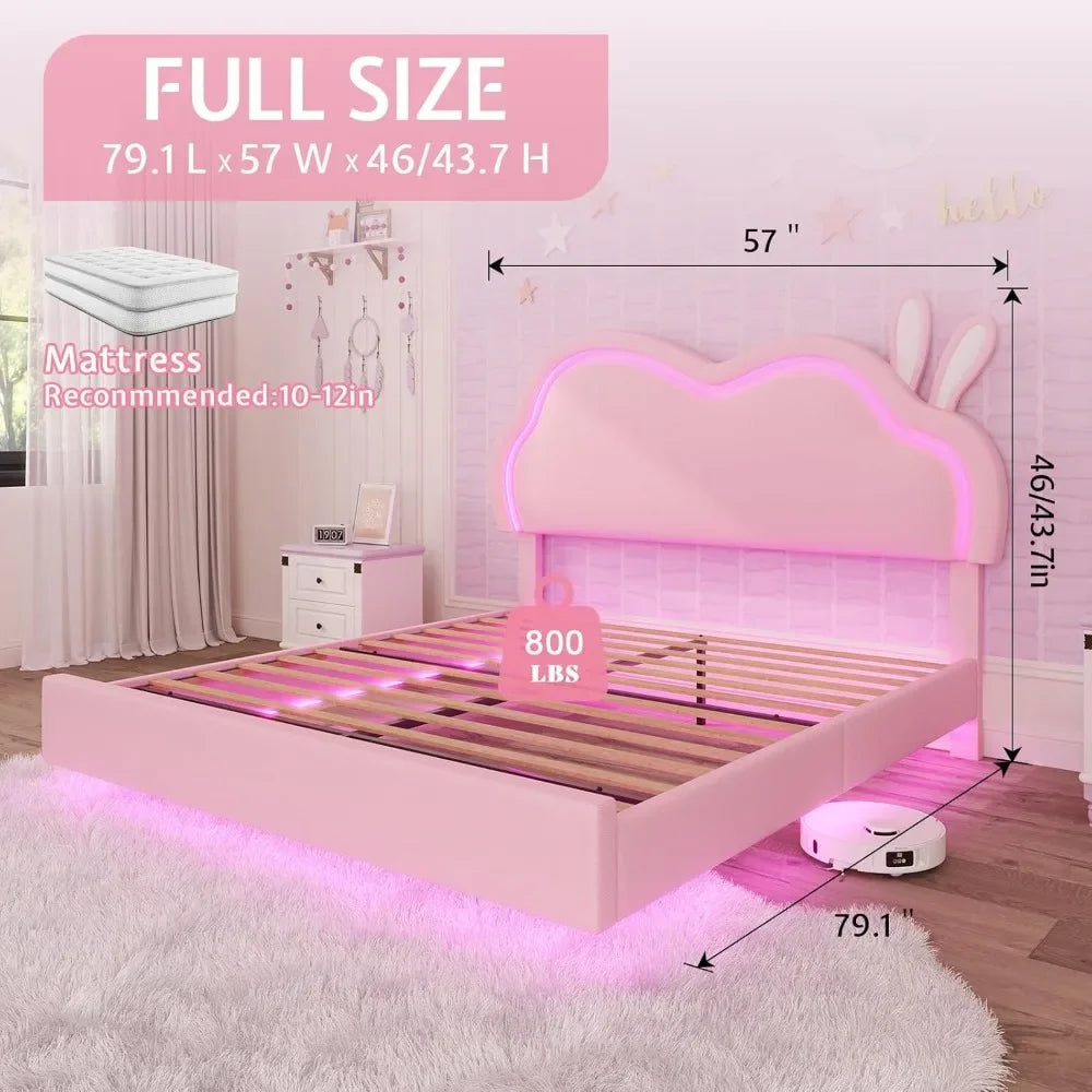 Floating Full Bed Frame with Adjustable RGB LED Headboard, Leather Upholstered Platform Bed, Customized