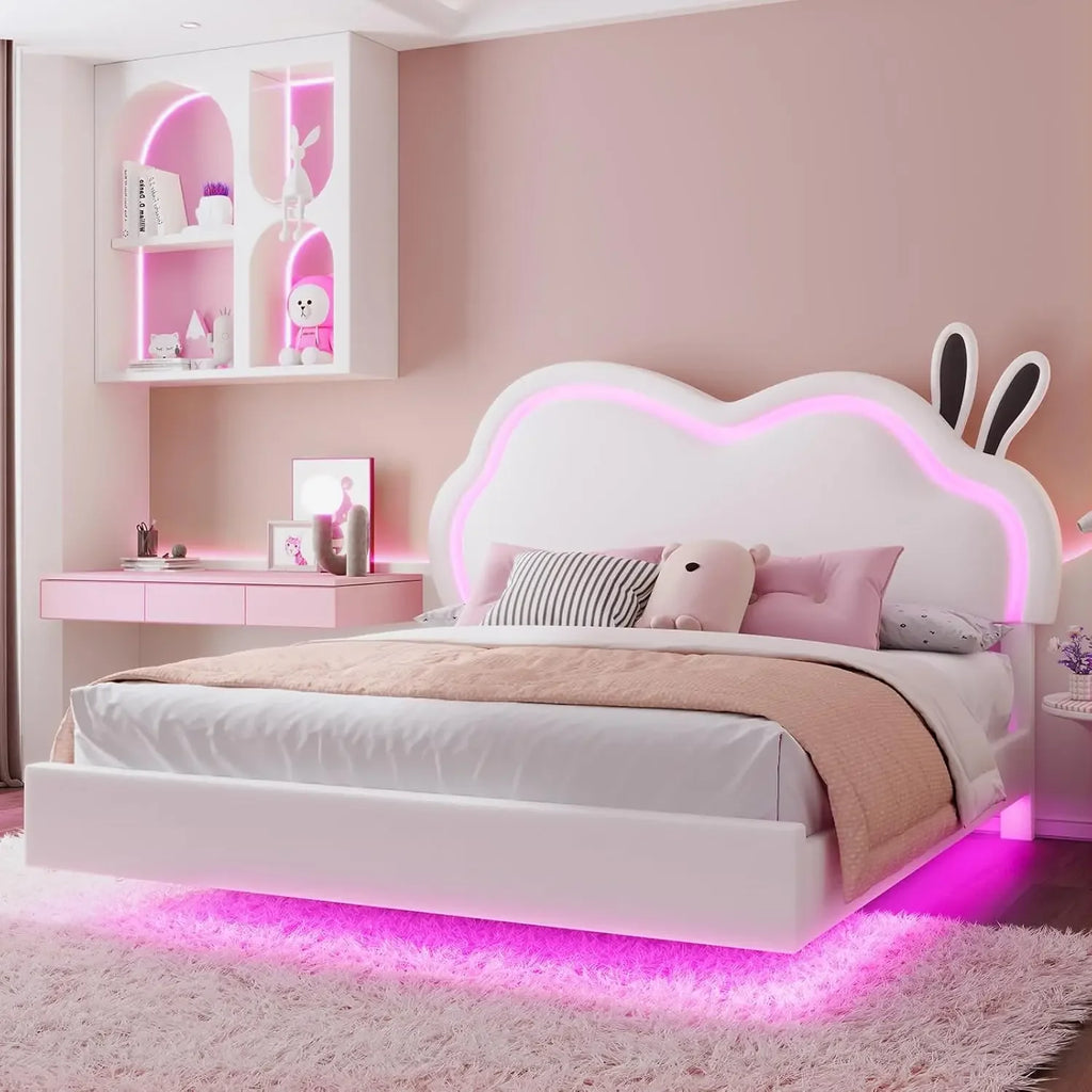 Floating Full Bed Frame with Adjustable RGB LED Headboard, Leather Upholstered Platform Bed, Customized