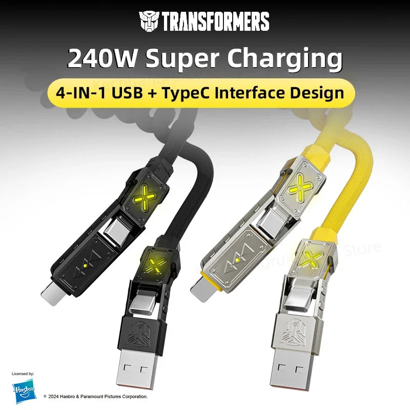 Transformers PD 240W Metal Nylon USB Charger Cable for iPhone 16 15 14 13 Pro Max 5A Fast Charging Data Cord 2M Braided Wire RGB
