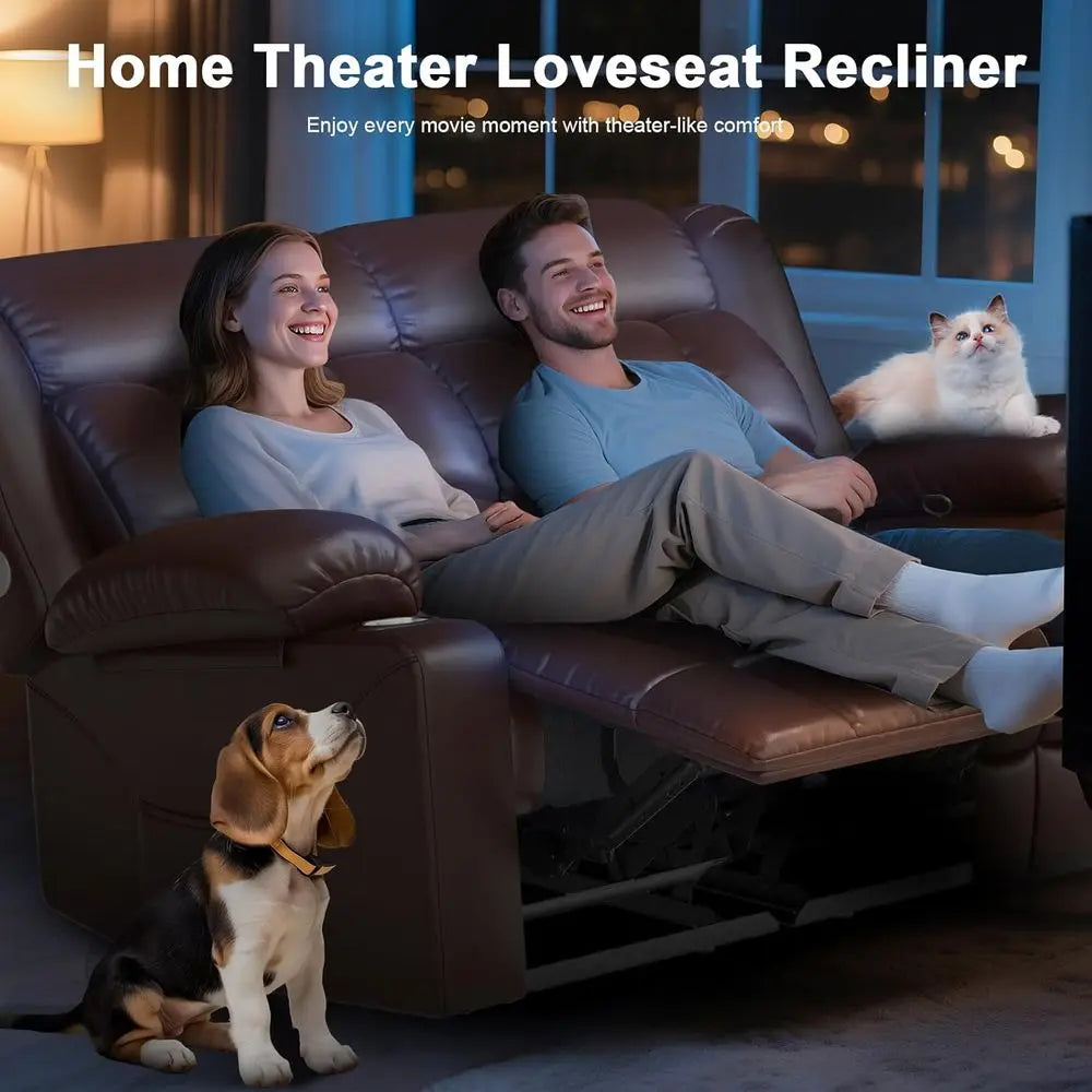 Home Theater Reclining Loveseat with USB, Cup Holders, Storage Pockets, Brown