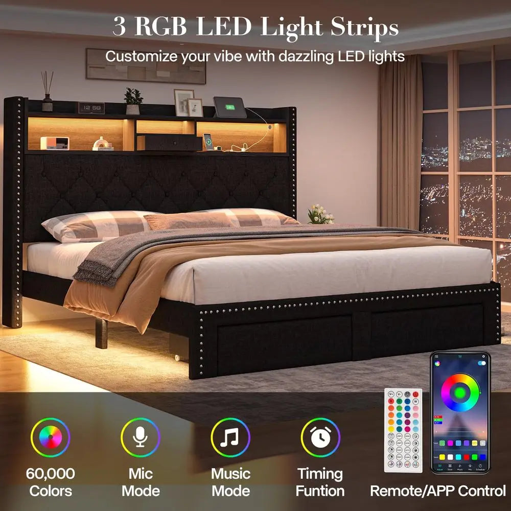 Size Bed Frame, Linen Storage Headboard with LED Light amp Charging Station, Upholstered Platform Bed with 2 Storage Drawers, S