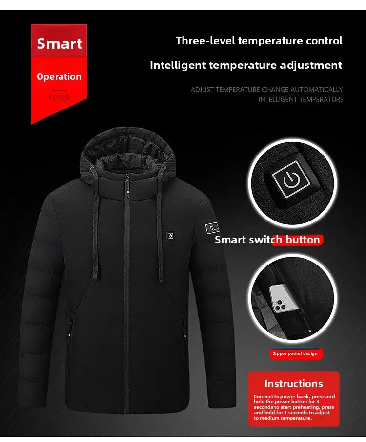 Smart Heating Cotton Jacket for Men with USB Hood Electric Thermal Constant Temperature Clothing Warm Polyester Inner Fabric
