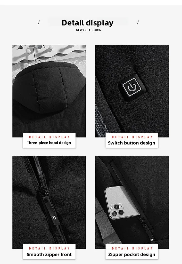 Smart Heating Cotton Jacket for Men with USB Hood Electric Thermal Constant Temperature Clothing Warm Polyester Inner Fabric
