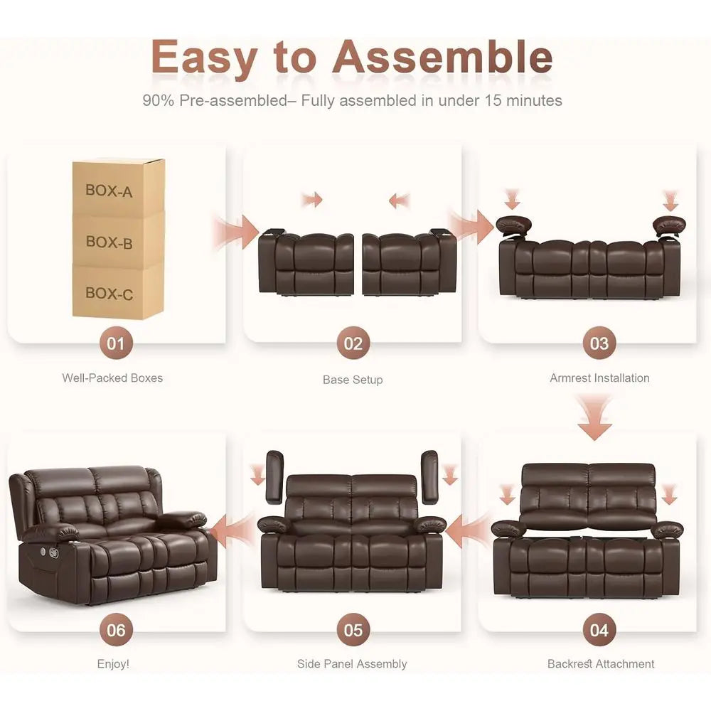 Home Theater Reclining Loveseat with USB, Cup Holders, Storage Pockets, Brown