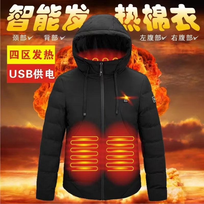 Smart Heating Cotton Jacket for Men with USB Hood Electric Thermal Constant Temperature Clothing Warm Polyester Inner Fabric