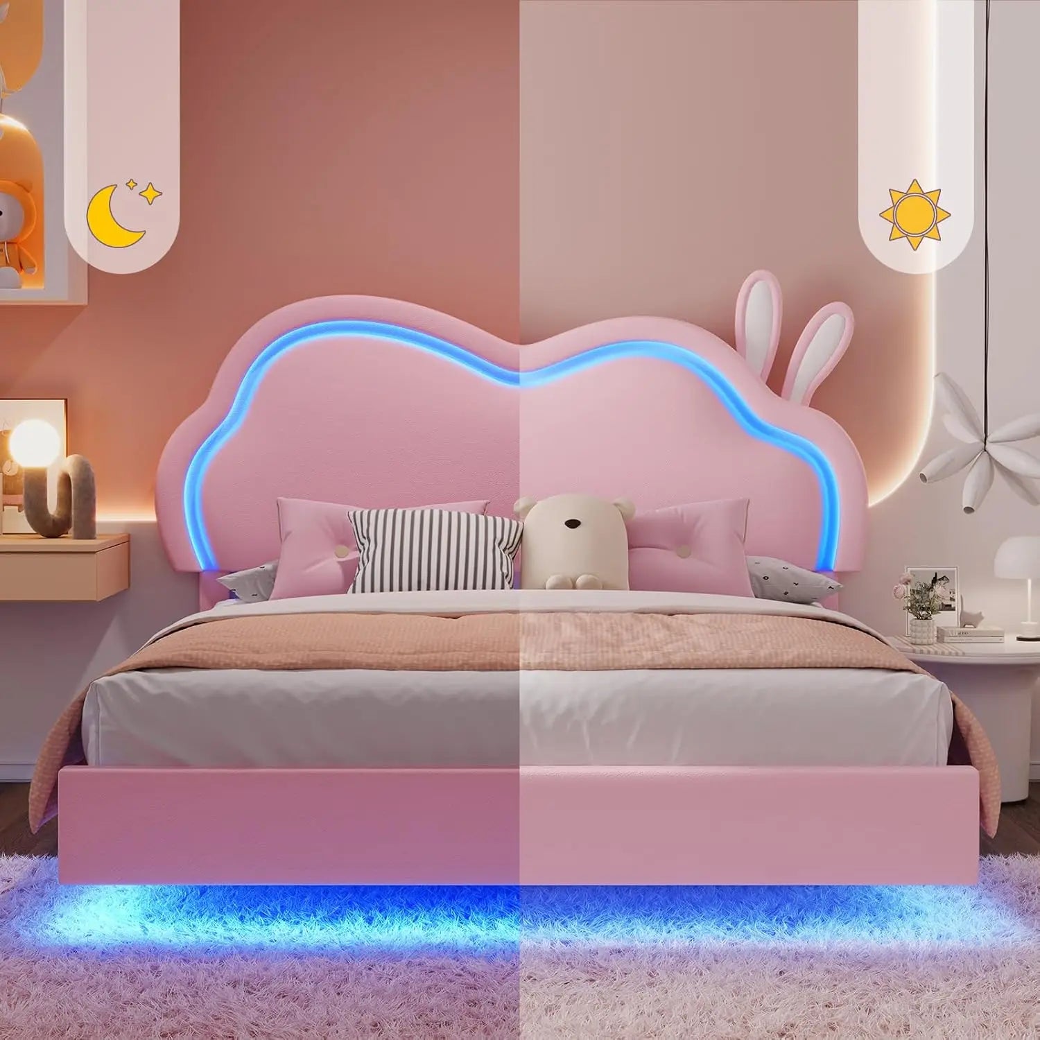 Floating Full Bed Frame with Adjustable RGB LED Headboard, Leather Upholstered Platform Bed, Customized