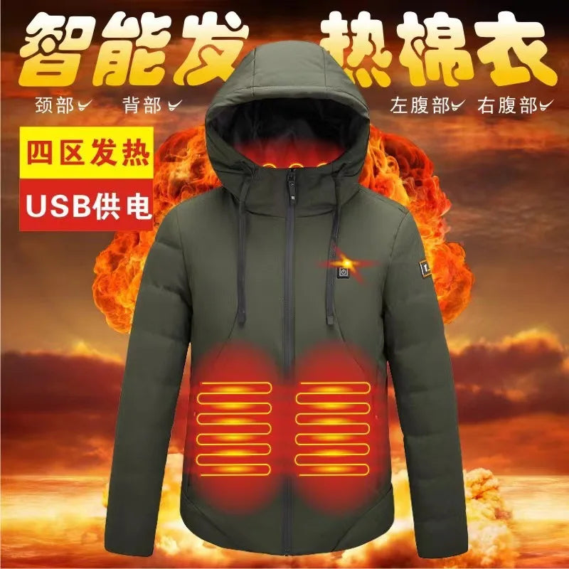 Smart Heating Cotton Jacket for Men with USB Hood Electric Thermal Constant Temperature Clothing Warm Polyester Inner Fabric