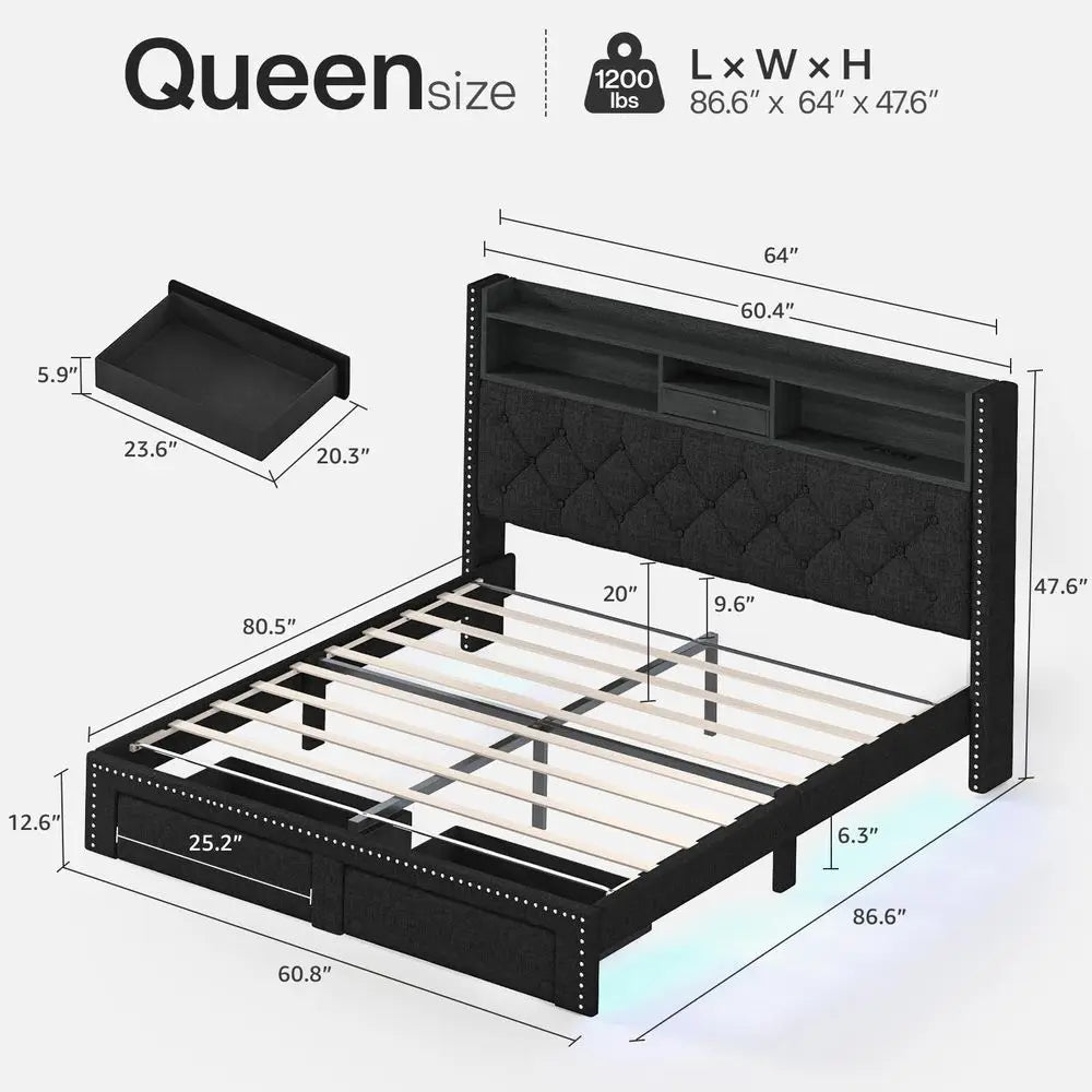 Size Bed Frame, Linen Storage Headboard with LED Light amp Charging Station, Upholstered Platform Bed with 2 Storage Drawers, S