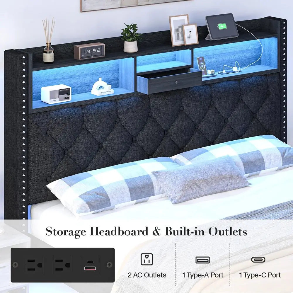 Size Bed Frame, Linen Storage Headboard with LED Light amp Charging Station, Upholstered Platform Bed with 2 Storage Drawers, S