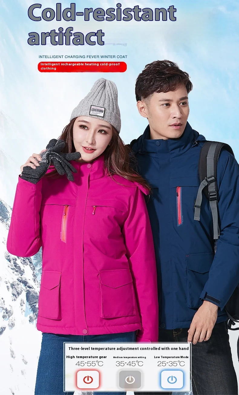 Intelligent Heating Jacket Men Women Electric Thermal Warm Winter Coat Charging Heated Windproof Outdoor Sports Skiing Jacket