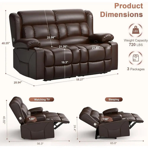 Home Theater Reclining Loveseat with USB, Cup Holders, Storage Pockets, Brown