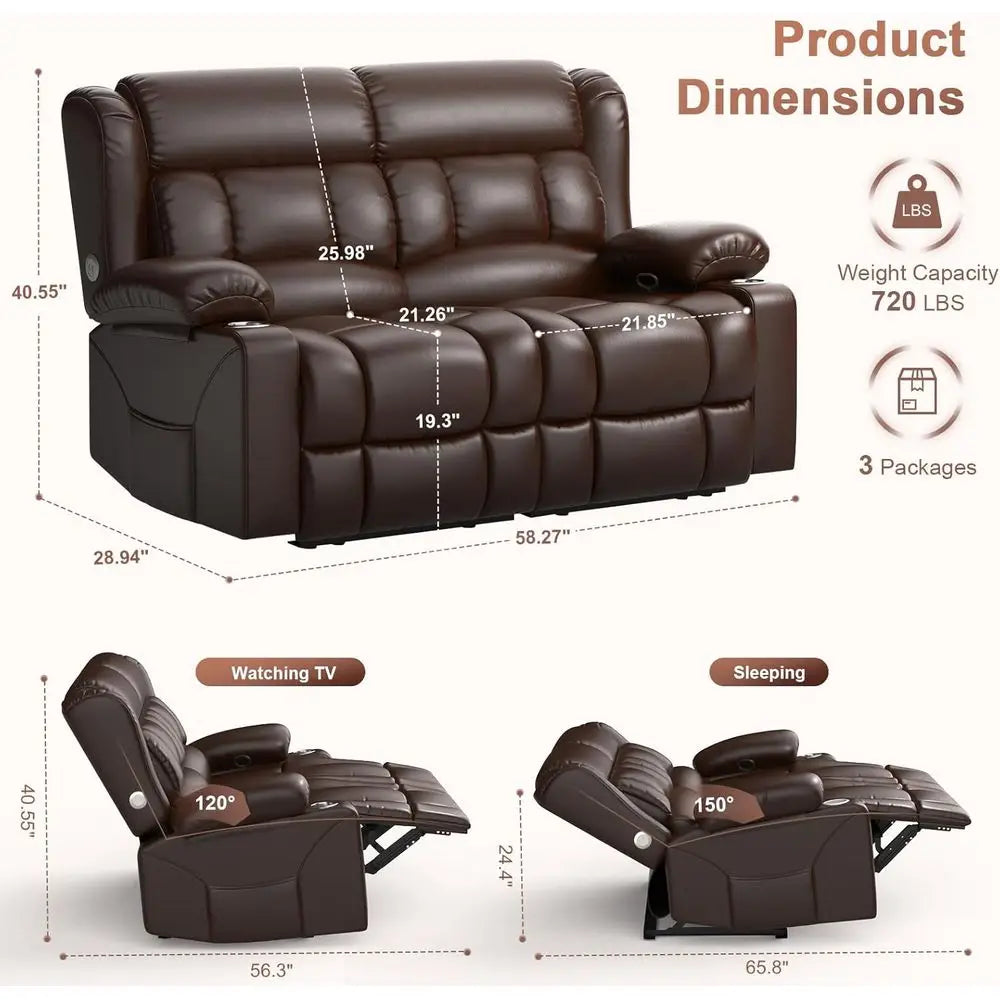 Home Theater Reclining Loveseat with USB, Cup Holders, Storage Pockets, Brown