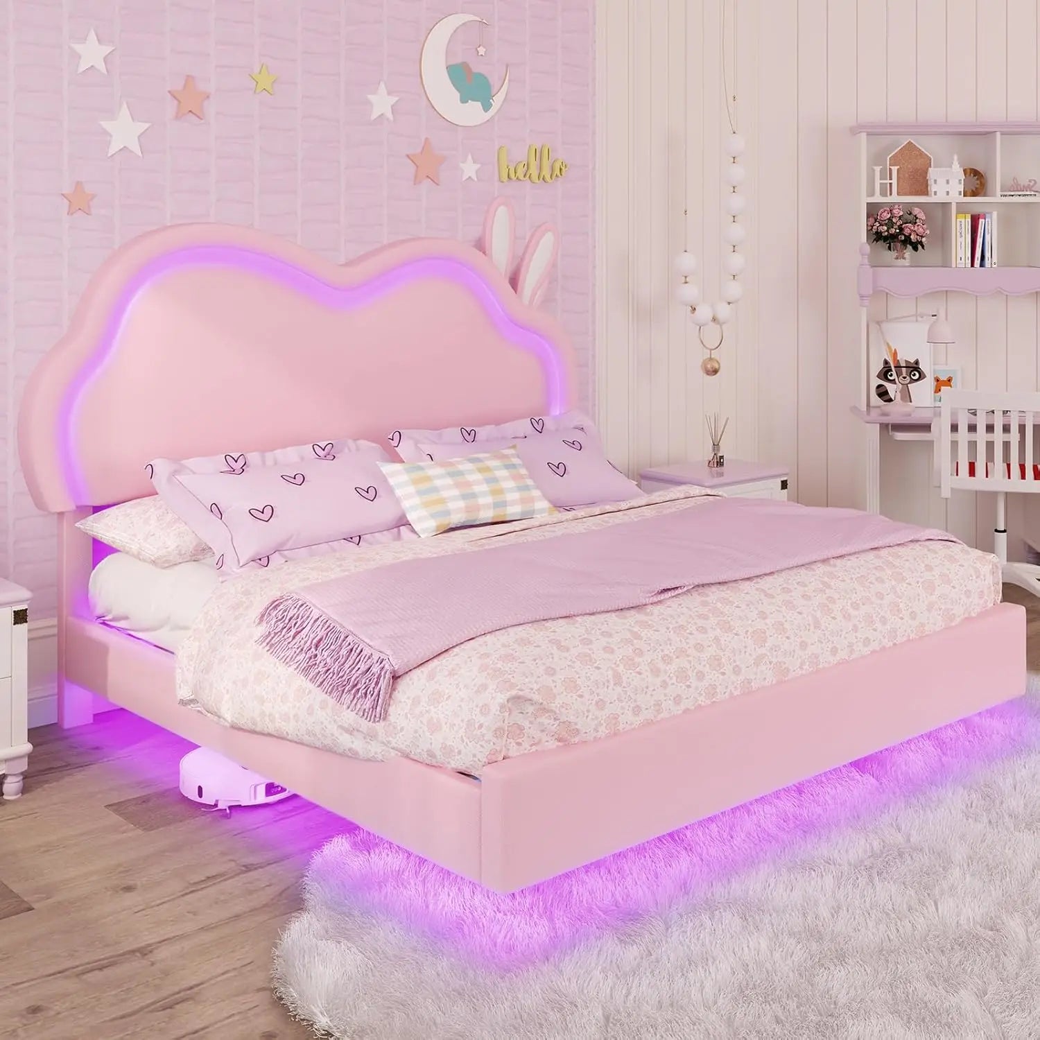Floating Full Bed Frame with Adjustable RGB LED Headboard, Leather Upholstered Platform Bed, Customized