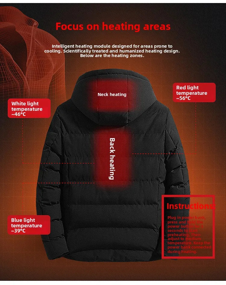 Smart Heating Cotton Jacket for Men with USB Hood Electric Thermal Constant Temperature Clothing Warm Polyester Inner Fabric