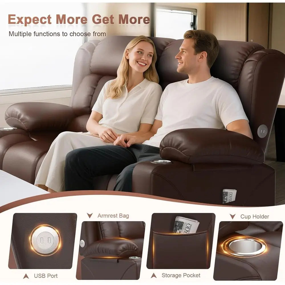 Home Theater Reclining Loveseat with USB, Cup Holders, Storage Pockets, Brown