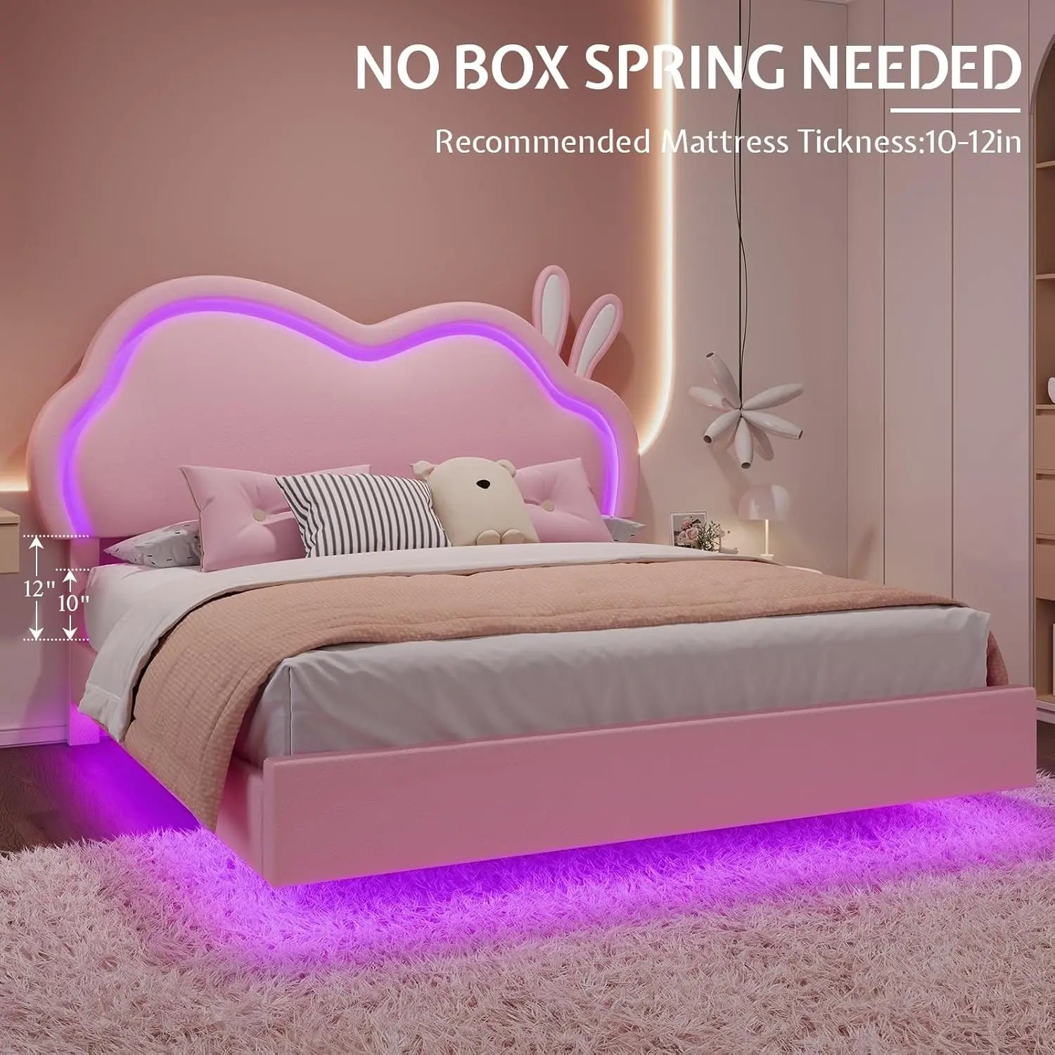 Floating Full Bed Frame with Adjustable RGB LED Headboard, Leather Upholstered Platform Bed, Customized