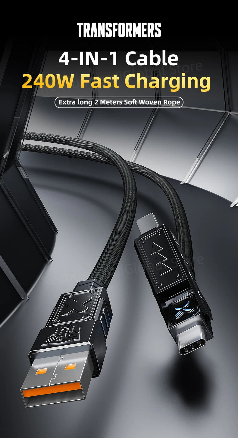 Transformers PD 240W Metal Nylon USB Charger Cable for iPhone 16 15 14 13 Pro Max 5A Fast Charging Data Cord 2M Braided Wire RGB