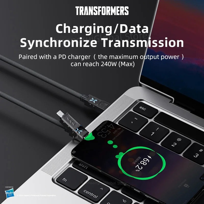 Transformers PD 240W Metal Nylon USB Charger Cable for iPhone 16 15 14 13 Pro Max 5A Fast Charging Data Cord 2M Braided Wire RGB